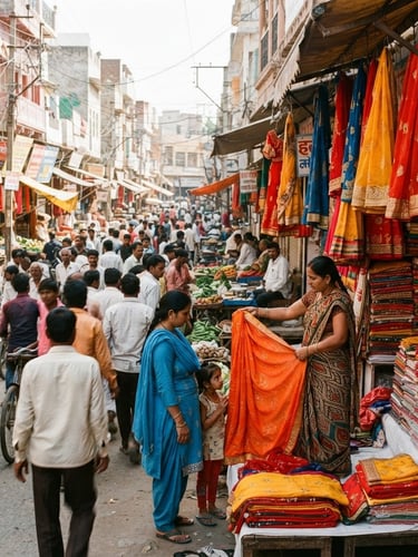 Eye-level view of a vibrant local market street in Hanumangarh Junction, bright natural daylight, rich warm tones, sharp focus, 35mm lens