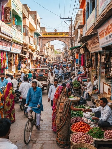 Vibrant documentary photography of a bustling market street in Hanumangarh Junction with local shops, bright natural daylight, rich warm tones, sharp focus