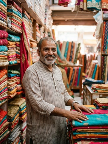 An eye-level portrait of a local shop owner smiling inside his bright, colorful textile shop in Hanumangarh, warm natural daylight, rich textures of fabrics, sharp focus, 35mm lens.