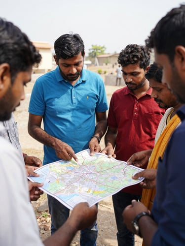 A warm, natural group portrait of local Indian community organizers discussing over a map, bright daylight, authentic and unposed