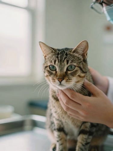 Close-up of a veterinarian gently examining a rescued cat in a clean, modern clinic, soft natural morning light, warm tones, documentary style, medium format film.