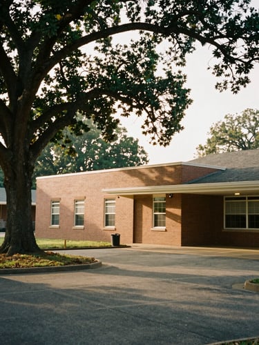 A quiet morning view of a brick community center with soft light filtering through mature oak trees, warm editorial style.