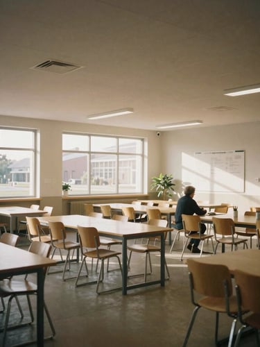 Wide environmental shot of a modern community learning center, clean architectural details, soft natural morning light, warm editorial style, muted earth tones.