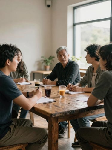 A collaborative meeting around a rustic wooden table in a sunlit community center, architectural details visible, soft natural morning light, muted earth tones.