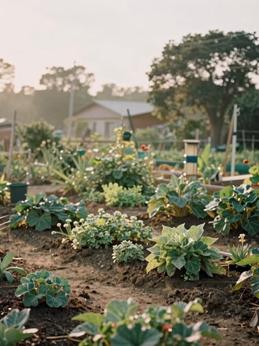 A quiet morning view of a community garden with soft morning light filtering through trees, warm editorial style, muted earth tones, medium format film