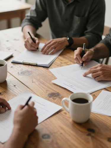 A hands-on collaborative meeting around a rustic wooden table with documents and coffee cups, soft natural morning light, warm editorial photography, muted earth tones