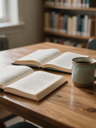 Soft natural morning light illuminating a wooden table in a quiet community library, open books and a ceramic mug, warm editorial photography, documentary style