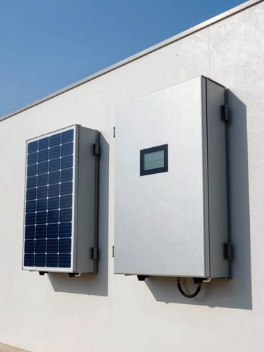 A wide-angle shot of a clean, modern solar inverter installation on a wall in Lahore, bright direct sunlight, neat wiring, high-contrast, engineering aesthetic.
