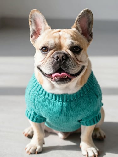 A joyful French Bulldog wearing a vibrant teal hand-knitted sweater, sitting comfortably at eye-level on a light gray floor, warm natural afternoon light, shallow depth of field, 35mm