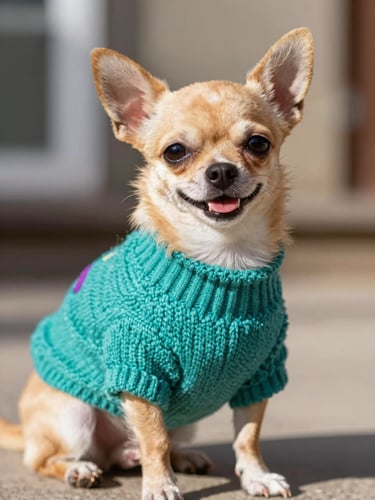 A happy small chihuahua wearing a vibrant teal handcrafted sweater, sitting comfortably, looking at the camera, warm natural daylight, shallow depth of field, 35mm