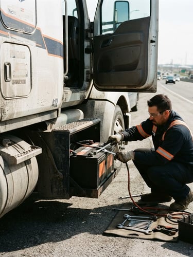 Wide shot of a Elito Battery Australia technician installing a heavy-duty truck battery in a commercial fleet vehicle, high-contrast outdoor daylight, sharp focus, 35mm, gritty automotive photography, deep navy and electric orange tones, technician is on the right third, vehicle is on the left two thirds.