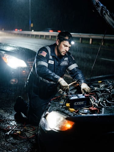 Roadside technician installing a car battery at night, headlights illuminating the scene, high-contrast, dramatic roadside emergency lighting, 35mm