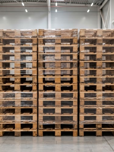 Straight-on technical view of neatly stacked export-ready shipping pallets inside a clean, modern warehouse, sharp focus, high-contrast lighting
