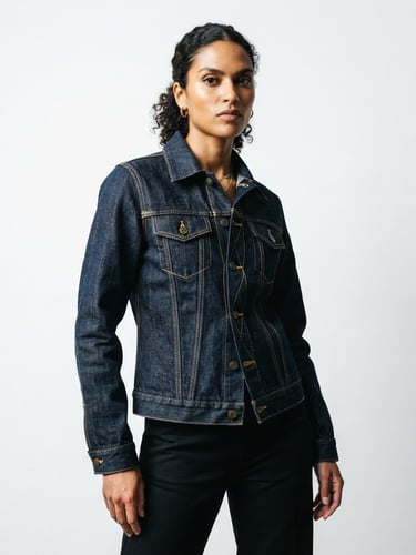 High-contrast studio fashion photography, sharp focus on a model wearing an engineered denim jacket with visible heavy gold stitching, minimalist white backdrop, 85mm
