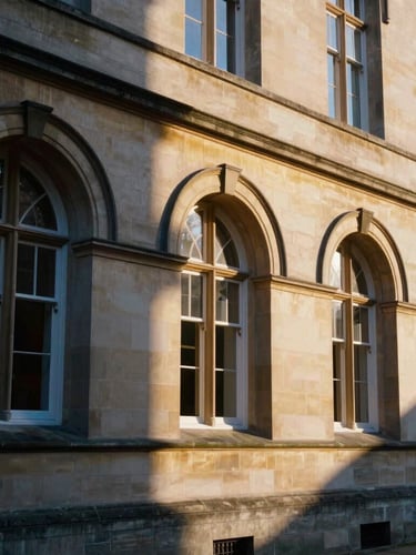 An elegant architectural shot of a historic university campus with arched stone windows, soft golden hour sunlight, deep navy shadows, shallow depth of field, 35mm