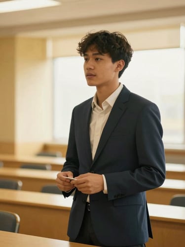 Candid medium shot of a young professional presenting in a sunlit seminar room, warm gold accents, soft focus background, editorial 35mm photography.