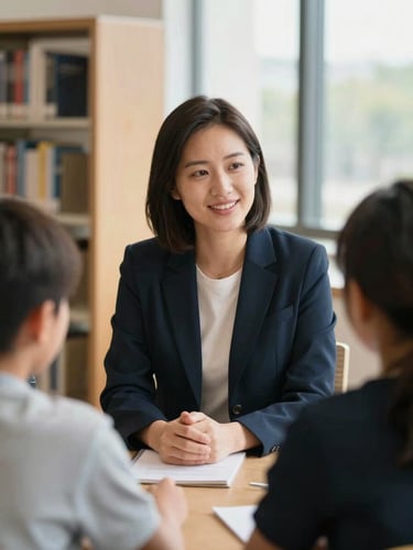 A warm, natural-light portrait of an educational advisor talking with a student in a modern library, soft depth of field, 35mm