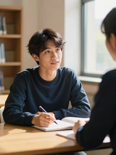 A focused student in a warm, sunlit library discussing global university pathways with an advisor, over-the-shoulder view, soft natural window light, deep navy and gold accents, shallow depth of field, 35mm
