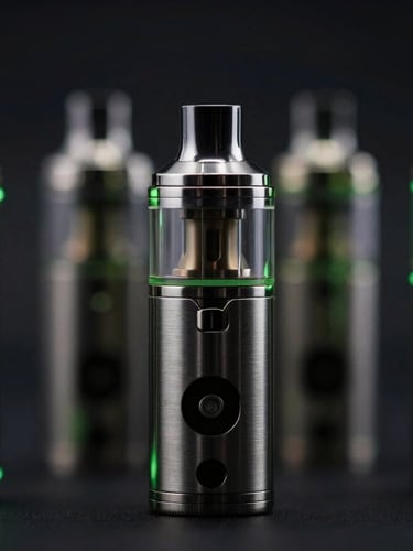 Macro shot of metallic vape hardware and sleek pods, neon green rim lighting, dark studio background, portrait aspect