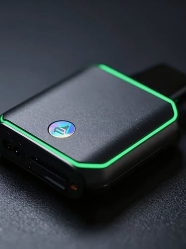 Sleek close-up of a modern vape device with a holographic authenticity seal, resting on a dark metallic surface, moody low-key studio lighting, neon green rim light