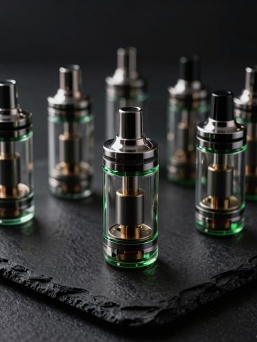 Macro close-up of a sleek glass vape tank and premium coils arranged neatly on a dark slate surface, subtle green rim light, sharp details