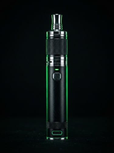 Macro studio shot of a sleek metallic vape device with neon green rim lighting, high contrast obsidian background, 50mm