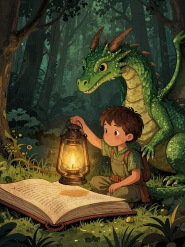 Enchanted storybook illustration of a young child in a forest holding a glowing wooden lantern, looking at a friendly green dragon, soft candle-light, hand-inked details, rich parchment texture