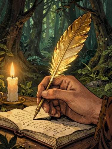 A warm, hand-inked illustration of a medieval scribe holding a glowing golden quill, enchanted forest background, soft candle-light, rich textures.