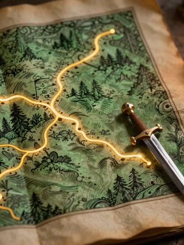 A hand-inked medieval parchment map with glowing gold pathways, a tiny wooden sword resting on the corner, warm candle-light glowing from the side, enchanted storybook style, rich texture