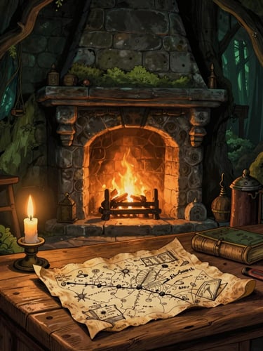 Enchanted medieval stone chamber with a warm glowing fireplace, hand-drawn parchment maps on a wooden table, soft candle-light, storybook illustration style