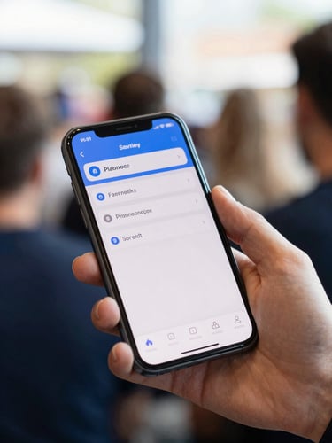 Close-up of a hand holding a smartphone running a ride-booking app, bright daylight, venue crowd visible out of focus in the background, screen lit clearly under real ambient light, dynamic angle