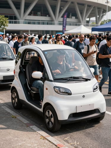 Wide environmental shot of event-goers boarding a compact electric vehicle at the curb outside a stadium, real crowd density visible, bright daylight, driver ready at the wheel, photojournalistic framing from street level