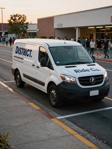Ground-level shot of a District Ride Co. vehicle staged at a marked curbside pickup zone outside a venue exit, real street conditions, golden hour ambient light, crowd moving in background, dynamic framing