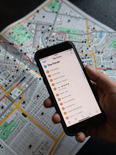 Close overhead perspective of a street-level map showing Inglewood's entertainment district blocks, hand holding a phone displaying real-time station dots near SoFi and The Forum, amber pin indicators visible on the screen, real street asphalt and venue perimeter visible at the edges of the frame, documentary framing