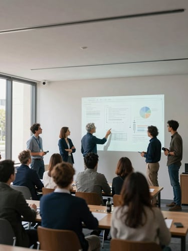 A collaborative workshop in a modern architectural space with high ceilings and natural daylight, diverse professionals analyzing data projections on a clean wall, 35mm lens, editorial documentary style
