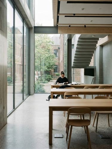 Wide environmental 35mm photograph of a modern architectural learning space, natural window daylight casting soft shadows on concrete walls, clean lines, minimalist study tables with a researcher reading in the background.
