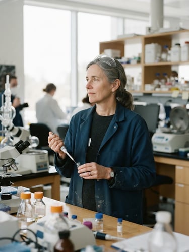 Dignified portrait of a female academic researcher in a bright, modern, naturally lit university laboratory, looking thoughtfully off-camera, 35mm lens, editorial documentary style