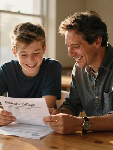 A mentor and a teenage boy laughing together while looking over a college application on a wooden table, warm golden-hour sunlight pouring through a window, shallow depth of field, 35mm film look.
