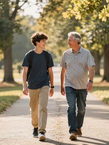 A warm, sun-drenched outdoor shot of a mentor and youth walking together along a tree-lined path in Georgia, soft window daylight, hopeful tones