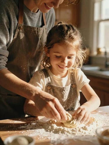A close-up of a caregiver and a young girl smiling while baking together in a warm Georgia kitchen, golden sunlight illuminating the flour on the counter, 35mm film look.