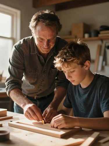 A warm candid portrait of a mentor and a teenage boy working on a wooden craft project together in a sun-drenched workshop, 35mm film look