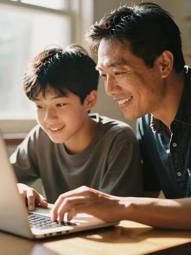 A warm, sun-drenched close-up of an adult mentor and a teenager working on a laptop together at a wooden table, soft window daylight, hopeful expressions, 35mm film look.