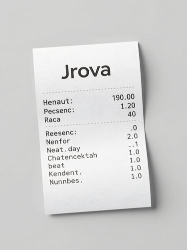 A clean, functional flat-lay of a printed receipt and Jrova product on a neutral gray background under bright, even studio light.