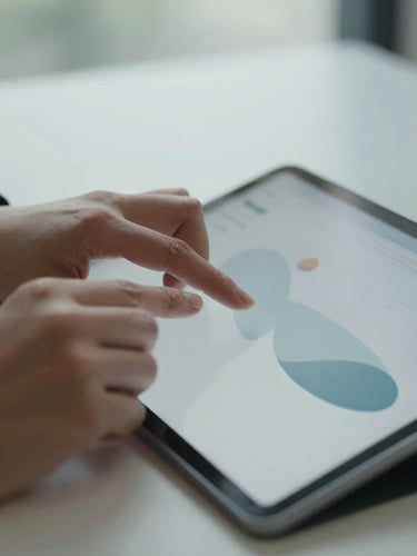Portrait shot of a student's hands interacting with a clean, abstract UI on a tablet, soft natural daylight, cool muted tones, shallow depth of field, modern academic setting, 35mm