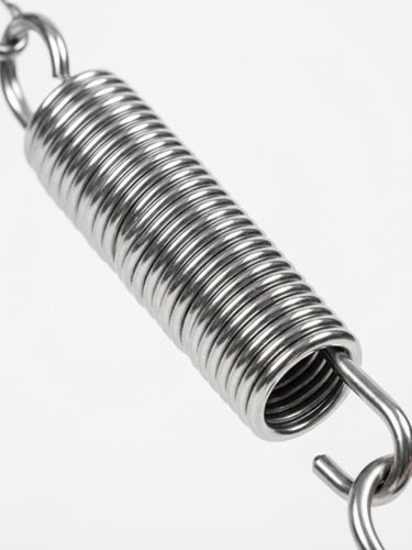 Macro close-up of a sleek metallic Pilates spring, gleaming under bright studio light, clean white background, premium product photography, 50mm