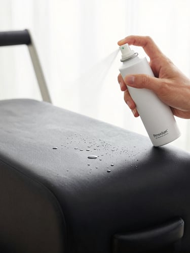 Macro close-up of hands applying premium spray mist onto a flawless black leather Pilates carriage, soft studio lighting, water droplets bead on the pristine surface, 50mm