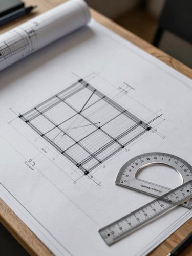 Close overhead view of a structural engineering drawing spread across a site table—pencil annotations, elevation sections, and grid lines visible. A set square and scale ruler rest at the lower-right corner. Studio lighting from above, no people, materials sharp and precise.