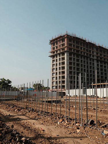 Panoramic site photograph of a Chennai land development project, surveying stakes in foreground, partial structural frame rising behind, clear midday sky, no people, shot from low ground level with generous left-side negative space