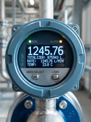 Macro photograph of a high-precision digital flow meter interface, crisp steel-blue casing, glowing digital readings, clean industrial environment, sharp focus, 50mm lens.