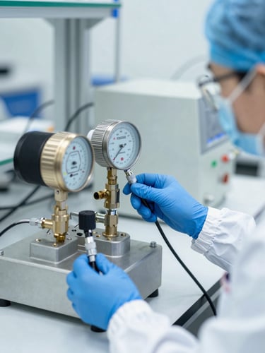 A certified calibration technician in clean high-vis gear calibrating a pressure transmitter using professional testing equipment in a bright laboratory